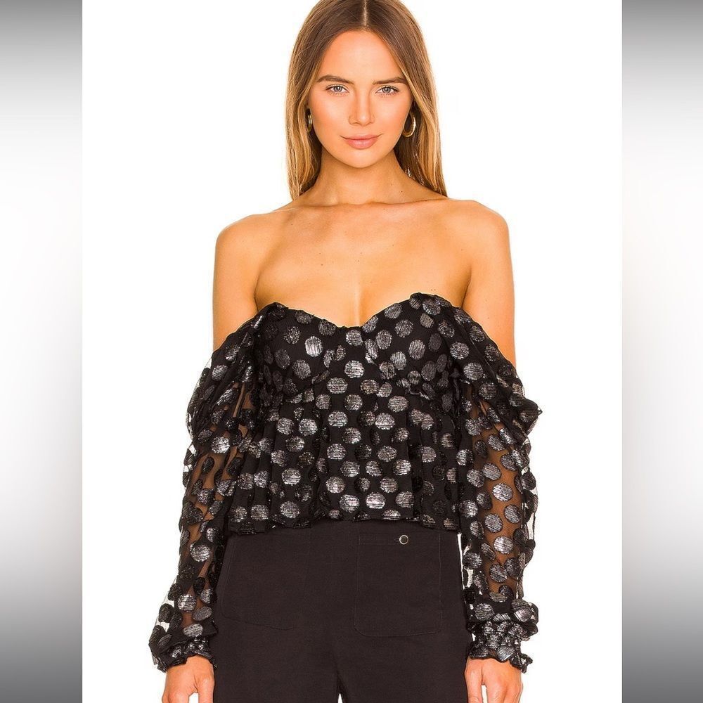 NWT House of Harlow 1960 Burna Blouse in Black Metallic Dot sz S